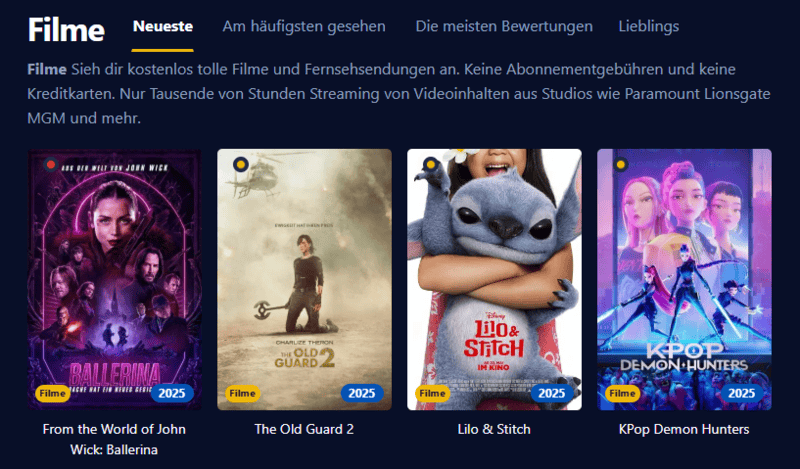 Bildschirmfoto der Filmpalast Oberflache die verschiedene Filmtitel und Serienepisoden anzeigt
